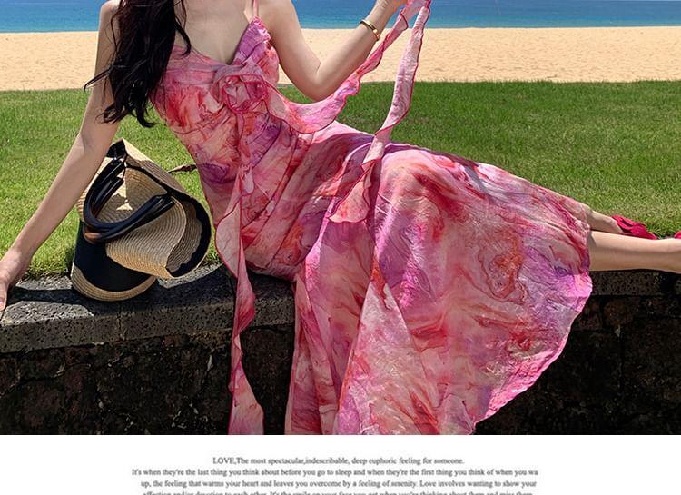 Spaghetti Strap V-Neck Floral Print Maxi A-Line Dress Product Image
