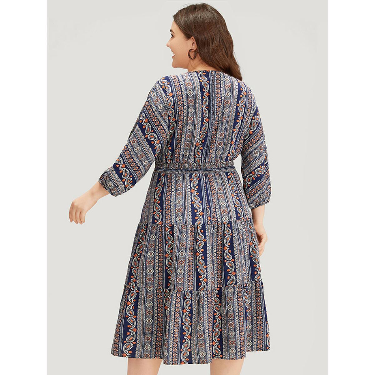 Plus Size Bandana Print Elastic Cuffs Layered Hem Dress DarkBlue Women Vacation Elastic cuffs V-neck Elbow-length sleeve Curvy Midi Dress BloomChic 30/6X Product Image
