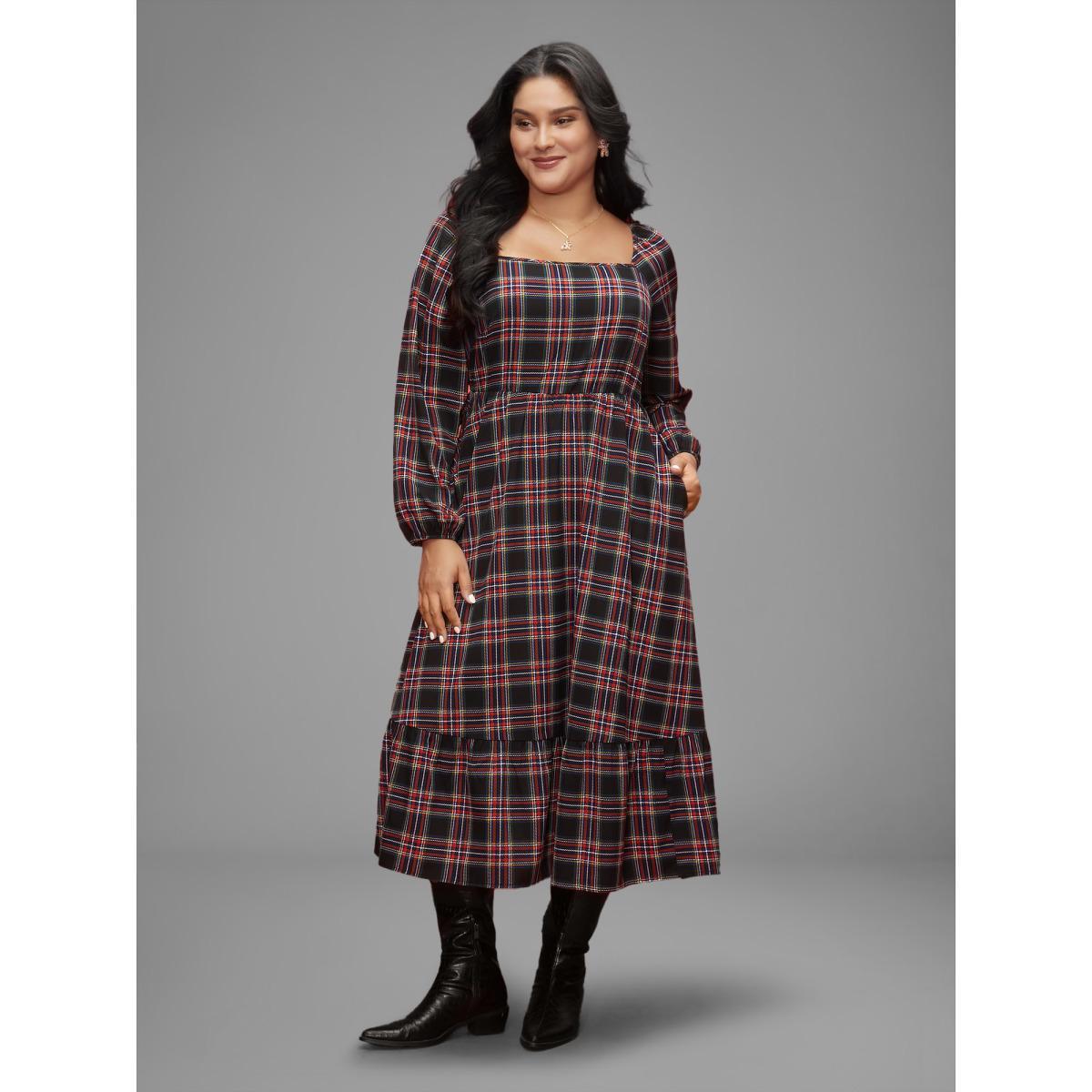 Plus Size Plaid Square Neckline Puffy Sleeve Midi Dress Black Women Elegant Non Square Neck Long Sleeve Curvy BloomChic 26/4X Product Image