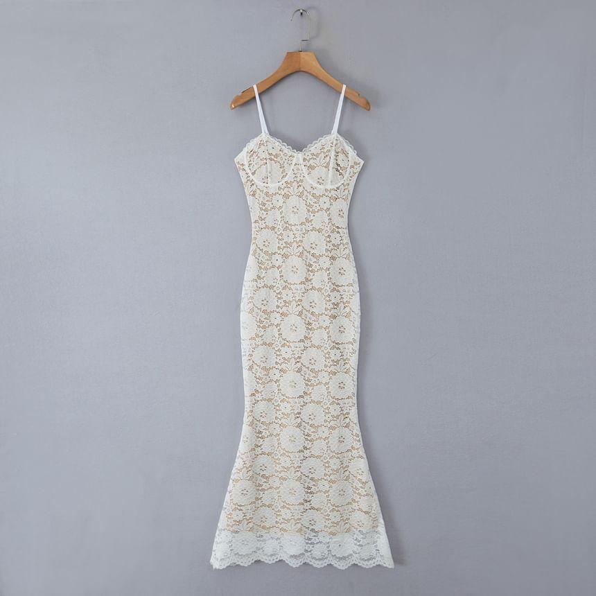 Spaghetti Strap Floral Lace Maxi Mermaid Dress Product Image