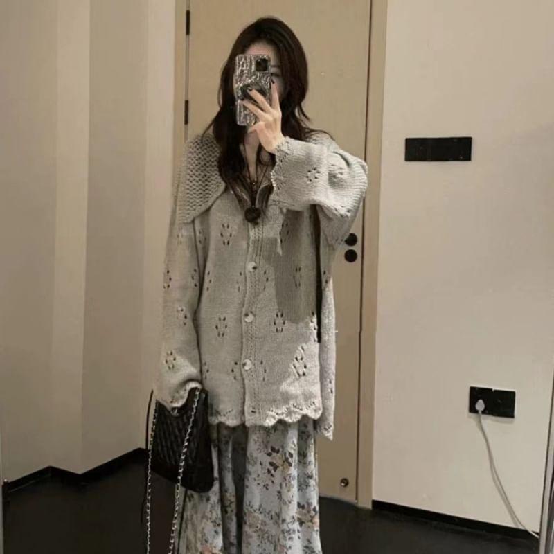 Collar Plain Pointelle Knit Oversized Cardigan Product Image