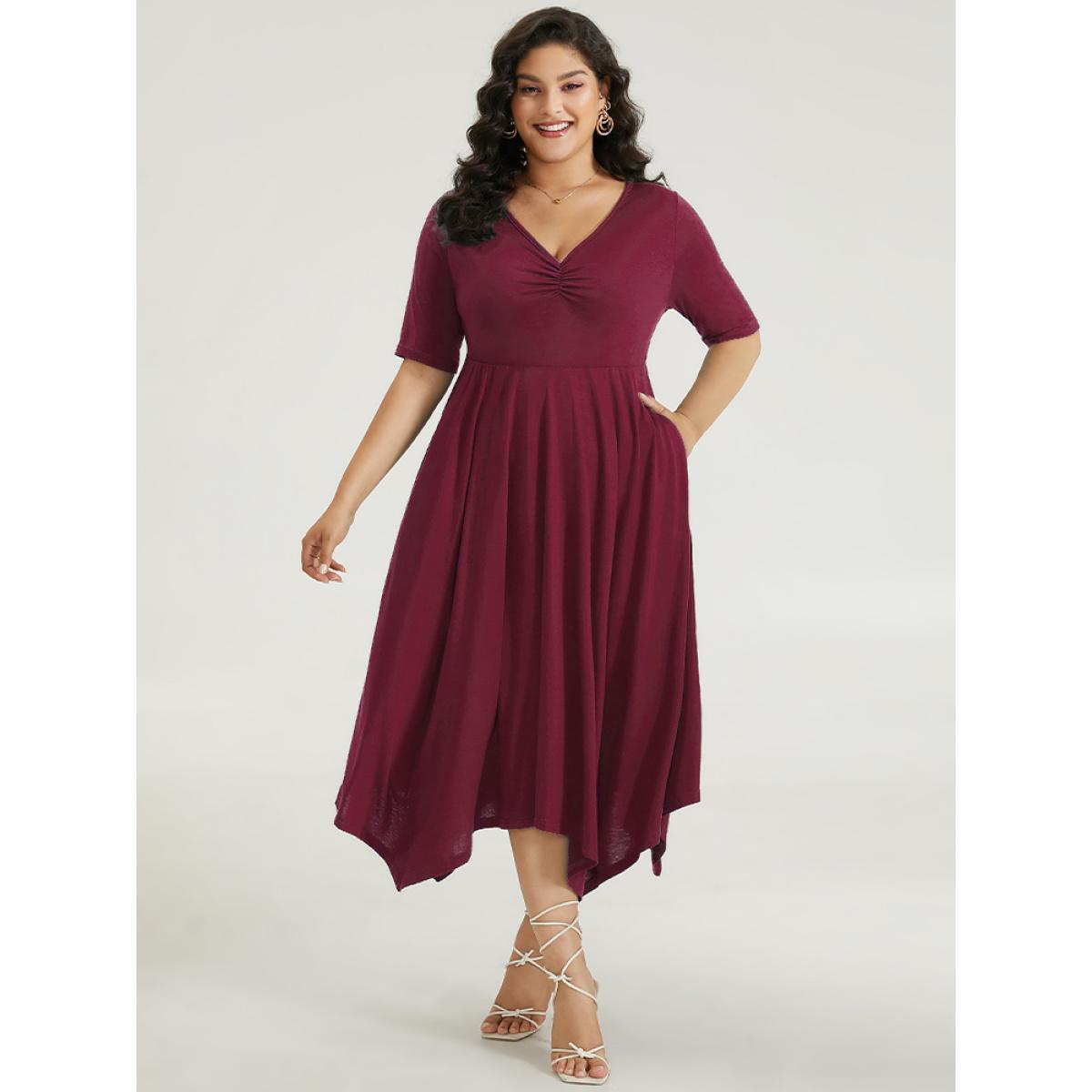Plus Size Solid Ruched Pocket Asymmetrical Hem Dress Burgundy Women Elegant Gathered V-neck Short sleeve Curvy Midi Dress BloomChic 14-16/1X Product Image