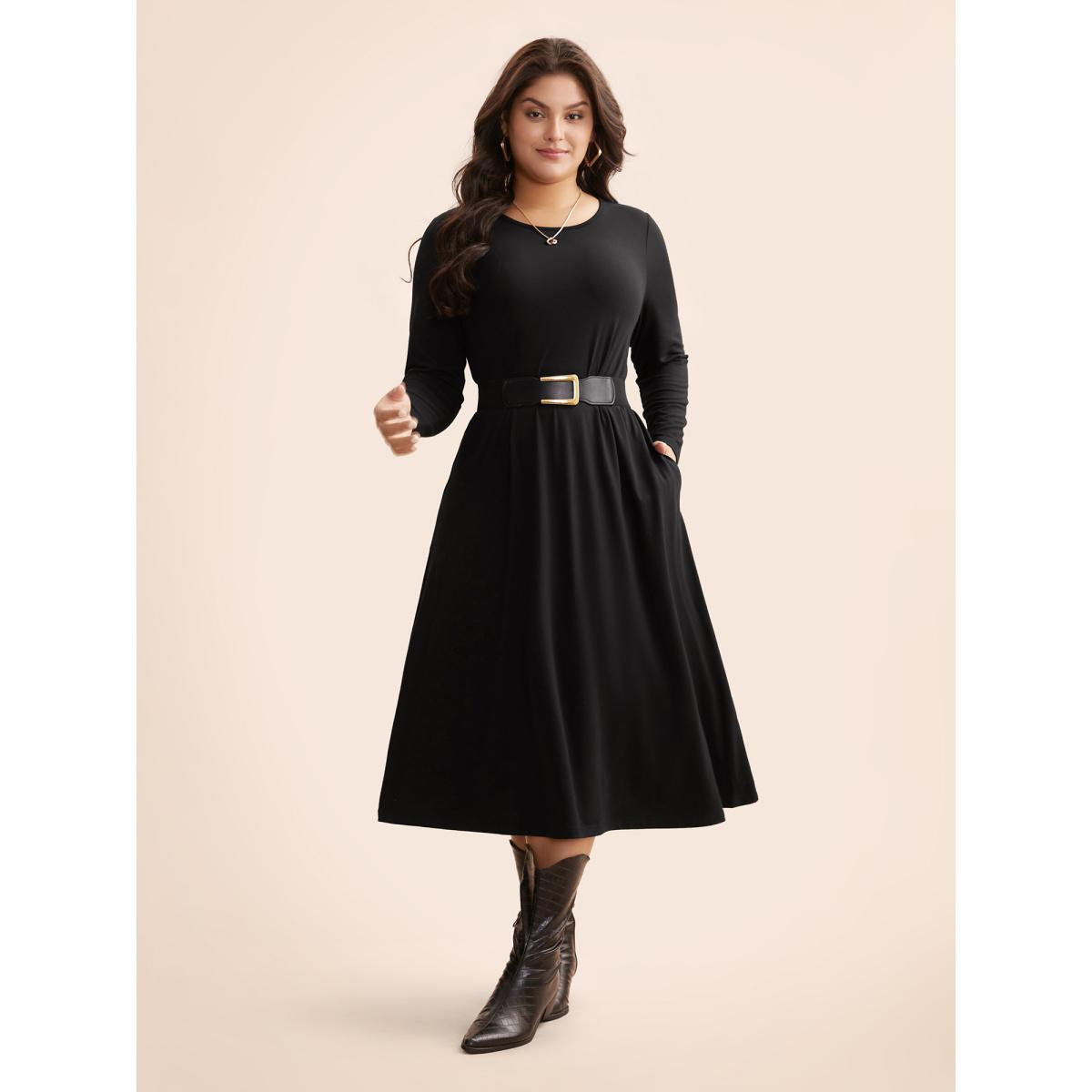 Plus Size Crew Neck High Stretchy Knit Dress Black Women Casual Non Knit Dresses Bloomchic 28/5X Product Image