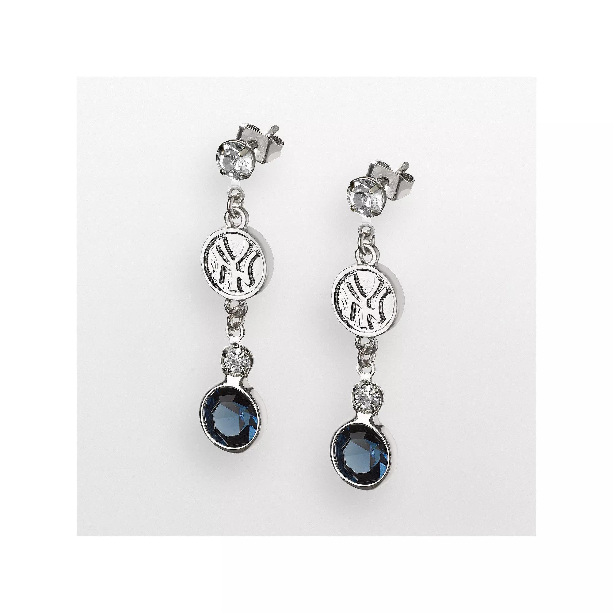 LogoArt New York Yankees Silver Tone Crystal Logo Linear Drop Earrings, Womens, Multicolor Product Image
