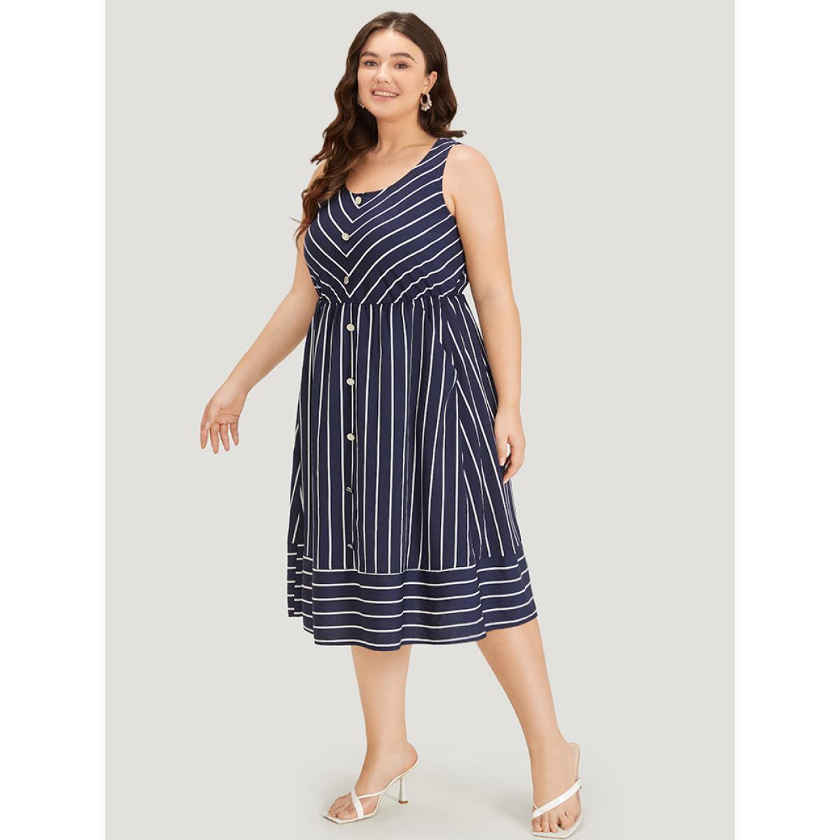 Plus Size Striped Button Detail Elastic Waist Pocket Tank Dress DarkBlue Women Elegant Elastic Waist Scoop Neck Sleeveless Curvy Midi Dress BloomChic 22-24/3X Product Image