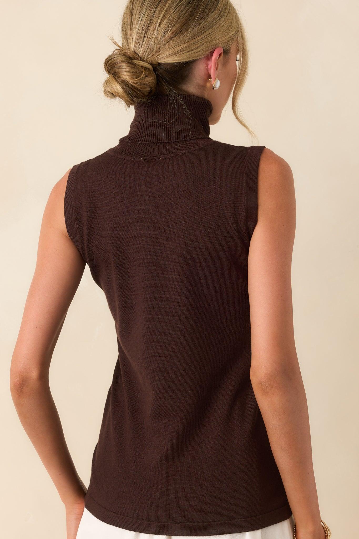 Peaceful Feelings Chocolate Brown Sleeveless Turtleneck Sweater Product Image
