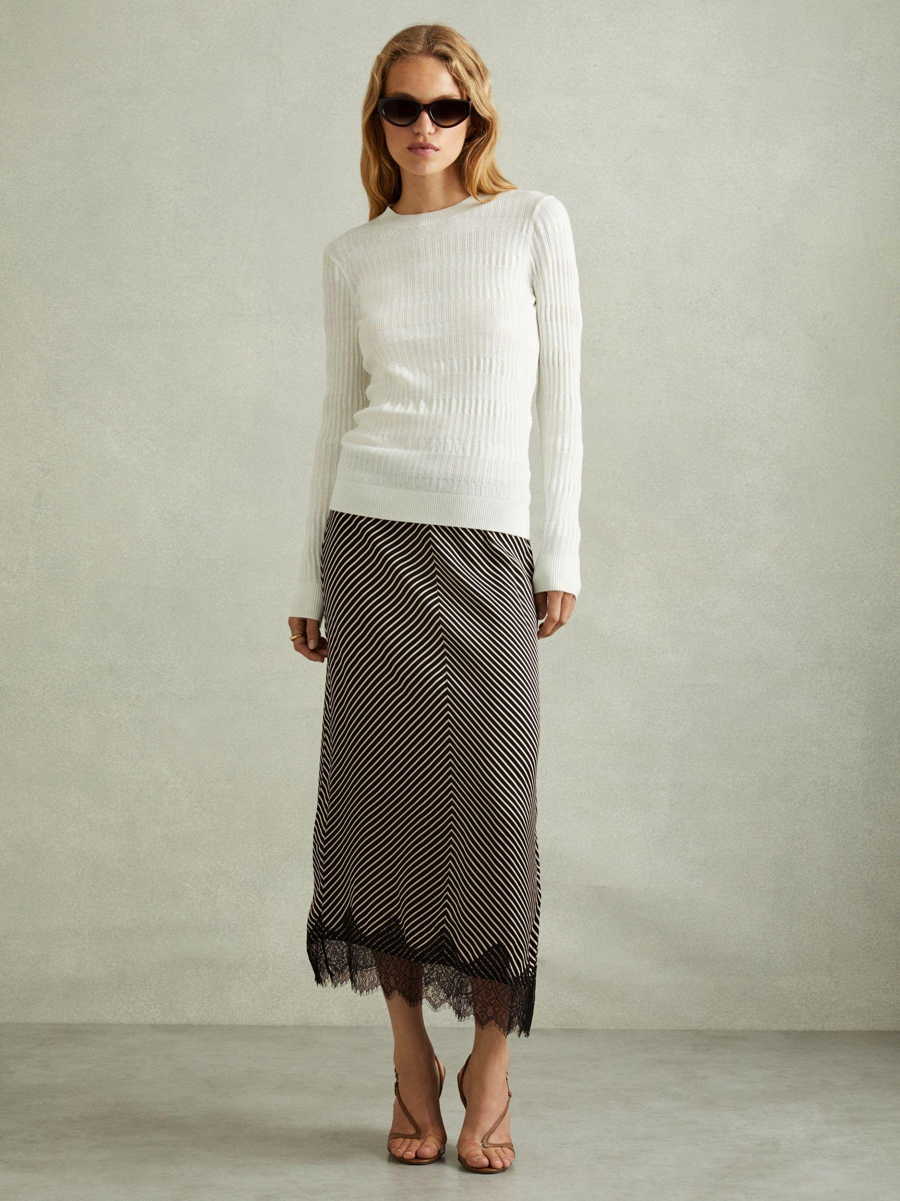 Ivy Black/Ivory Striped Lace Trim Midi Skirt Product Image