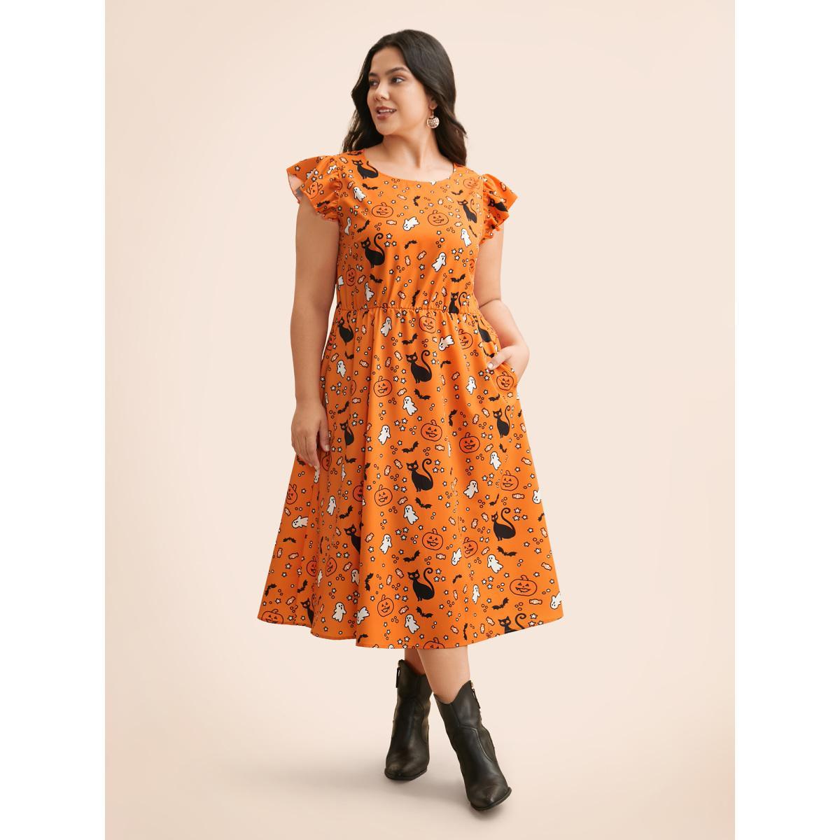 Plus Size Pumpkin Printed Ruffle Sleeves Midi Dress Brightorange Women Casual Ruffles Party Curvy Bloomchic 28/5X Product Image