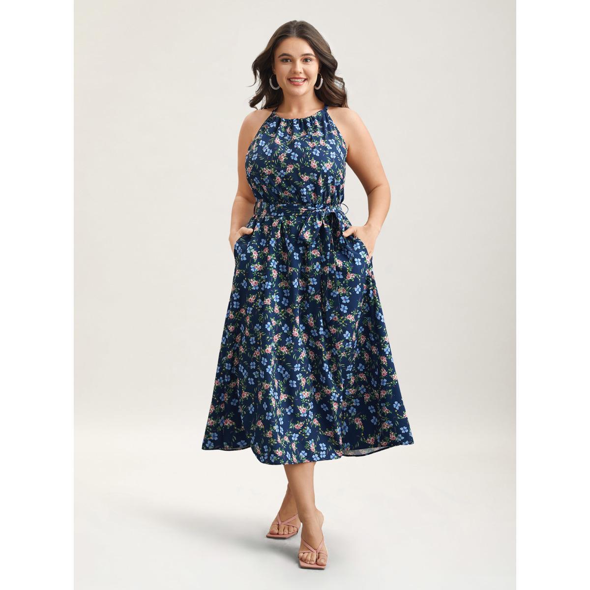 Plus Size Floral Print Belted Stretchy Waist Midi Dress Navy Women Elegant Gathered Halter neck Sleeveless Curvy BloomChic 12/L Product Image