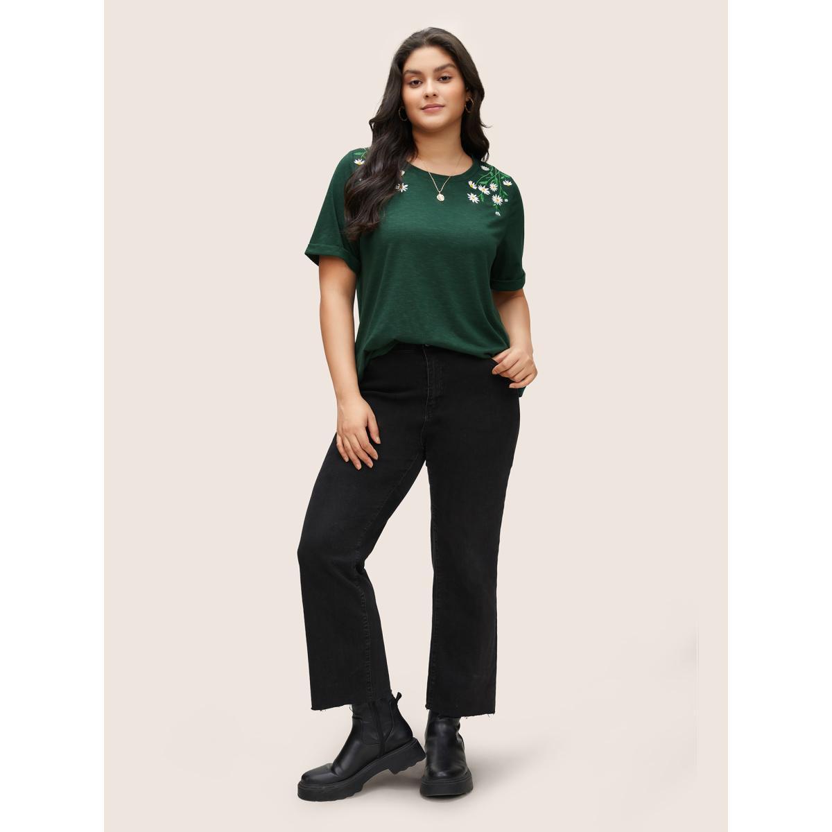 Plus Size Floral Embroidered Roll Sleeve T-shirt DarkGreen Women Elegant Roll Hem Plants Round Neck Everyday T-shirts BloomChic 28/5X Product Image