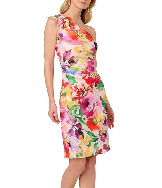 Adrianna Papell Petite Size Scuba Floral Print One Shoulder Neck Sleeveless Sheath Midi Dress Product Image
