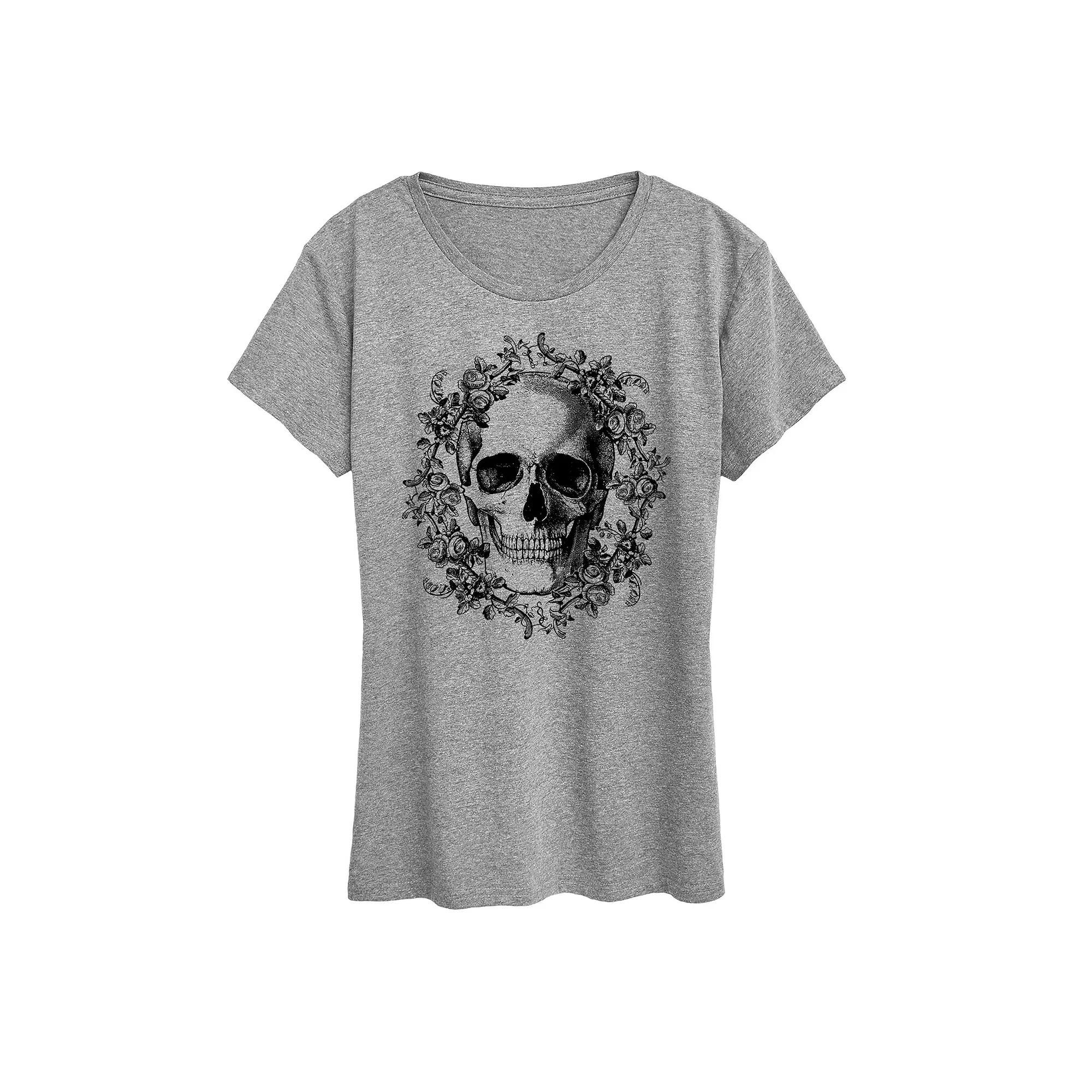 Women's Skull Wreath Graphic Tee, Size: Small, Grey Gray Product Image
