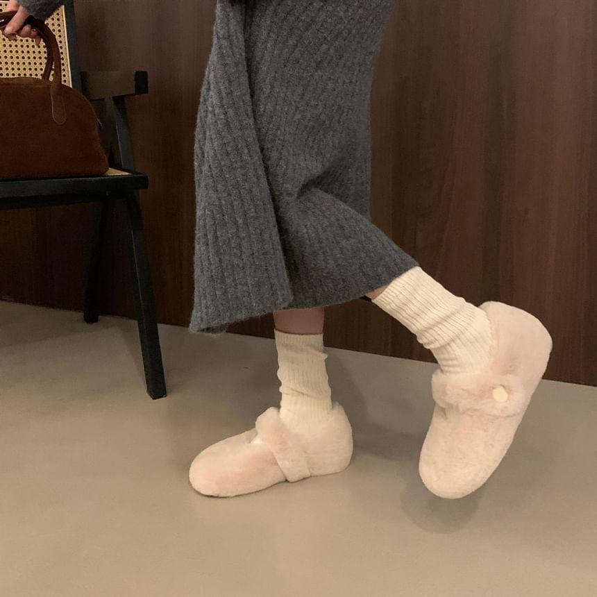 Round Toe Plain Fluffy Mary Jane Shoes Product Image