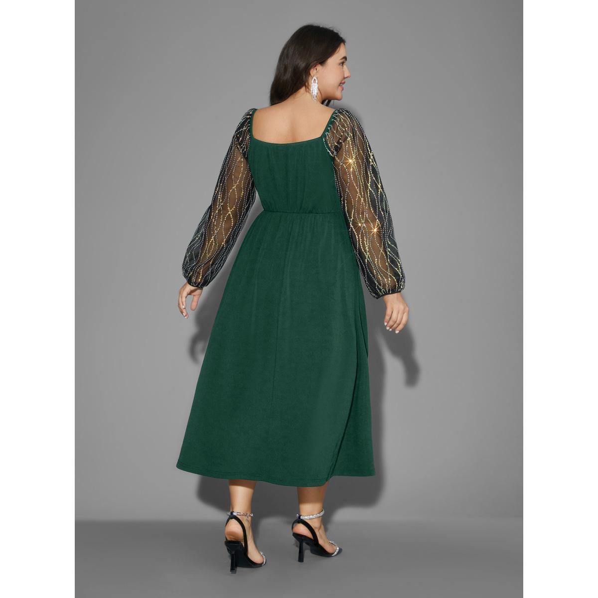 Plus Size Square Neck Patchwork Sequin Mesh Dress Black Women Cocktail Texture Party Curvy Bloomchic 22-24/3X Product Image
