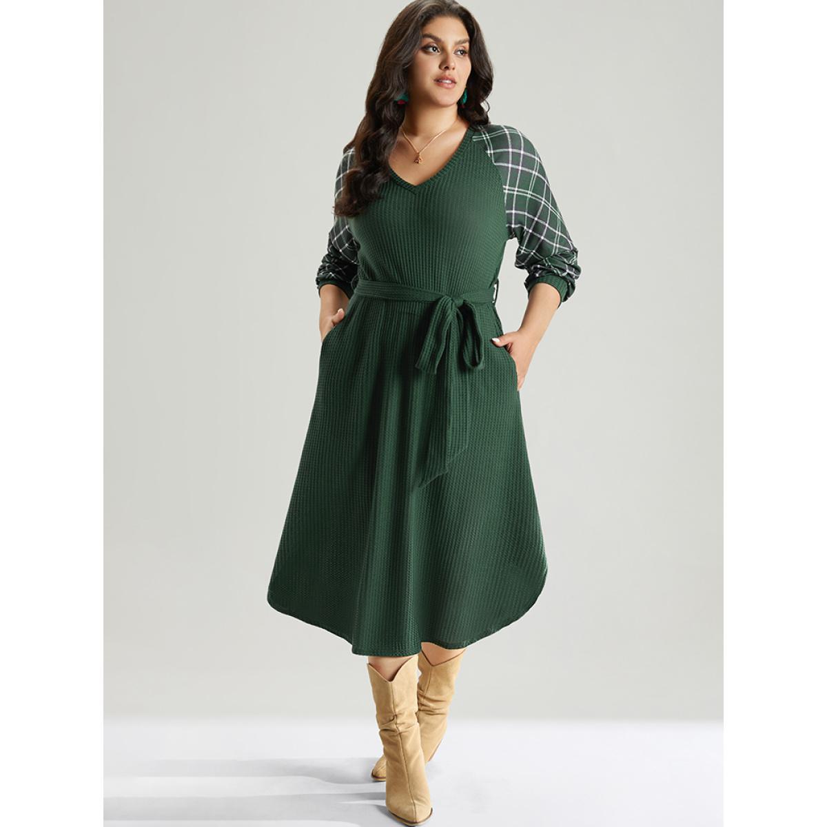 Plus Size Waffle Knit Plaid Patchwork Belted Dress DarkGreen Women Elegant Belted V-neck Long Sleeve Curvy Midi Dress BloomChic 14-16/1X Product Image