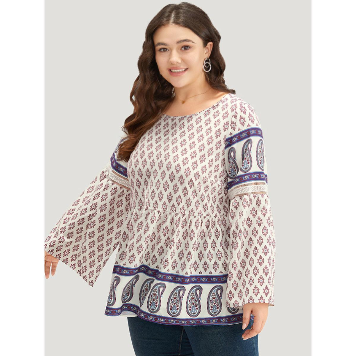Plus Size Beige Boho Print Patchwork Lace Crew Neck Flutter Sleeve Blouse Women Vacation Long Sleeve Round Neck Vacation Blouses BloomChic 28/5X Product Image