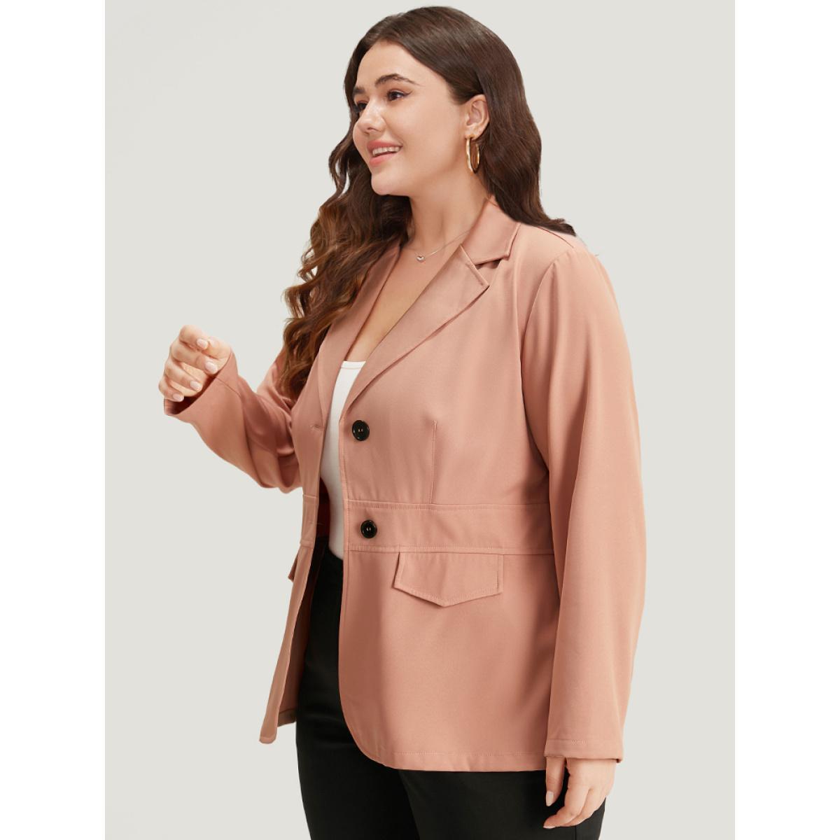 Plus Size Plain Flap Pocket Button Through Blazer Crepe Women Work Plain Plain Sleeve Long Sleeve Suit Collar 10/M Office Blazers BloomChic Product Image