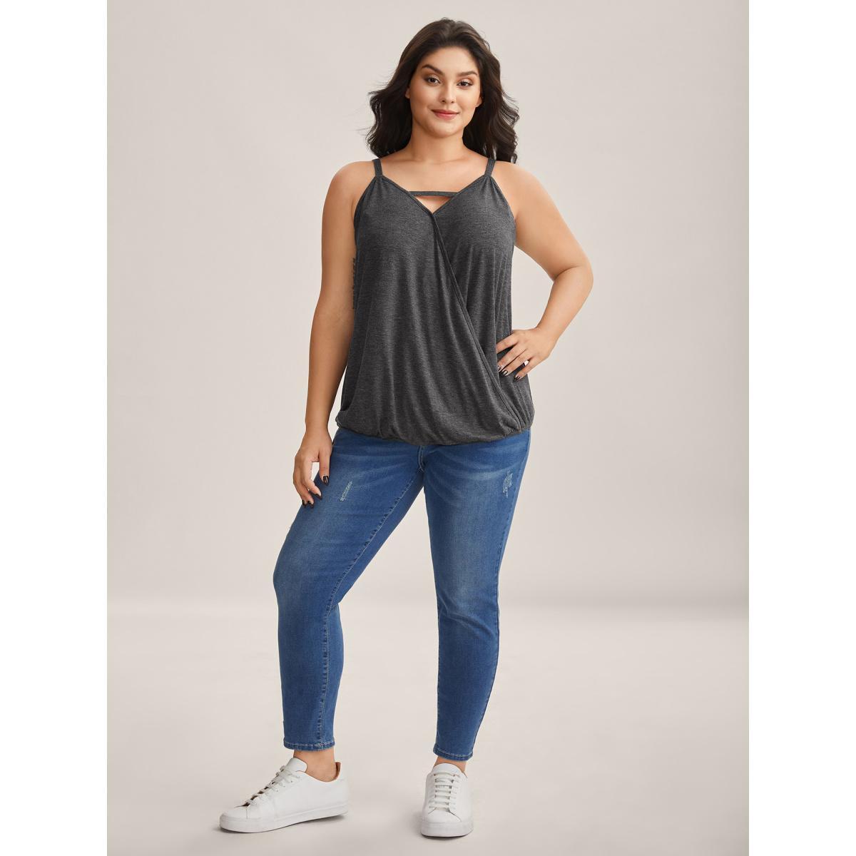 Plus Size Supersoft Stretchy Neck Cut-Out Tank Top Women DimGray Overlapping V-neck Everyday-Casual Tank Tops Camis BloomChic 26/4X Product Image