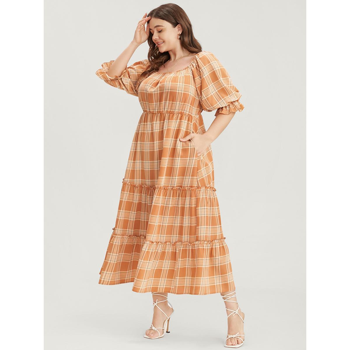 Plus Size Plaid Square Neck Lantern Sleeve Pocket Flutter Dress LightBrown Women Elegant Tiered Square Neck Half Sleeve Curvy Midi Dress BloomChic 14-16/1X Product Image