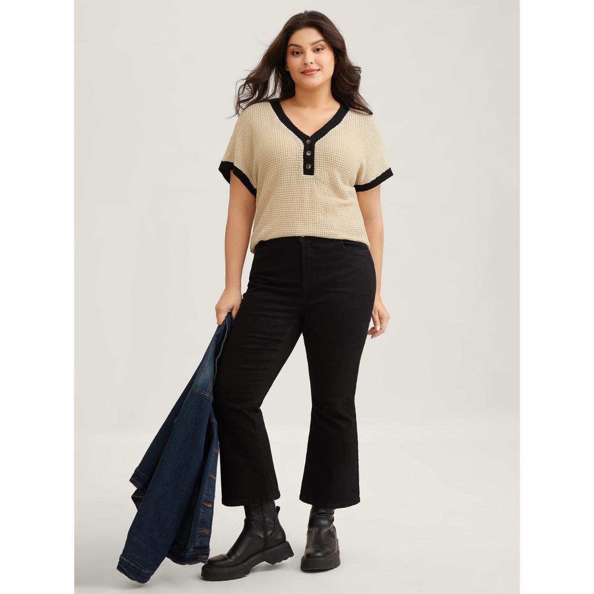 Plus Size V Neck Contrast Button Detail Knit T-shirt Apricot Women Casual Texture V-neck Everyday T-shirts BloomChic 28/5X Product Image