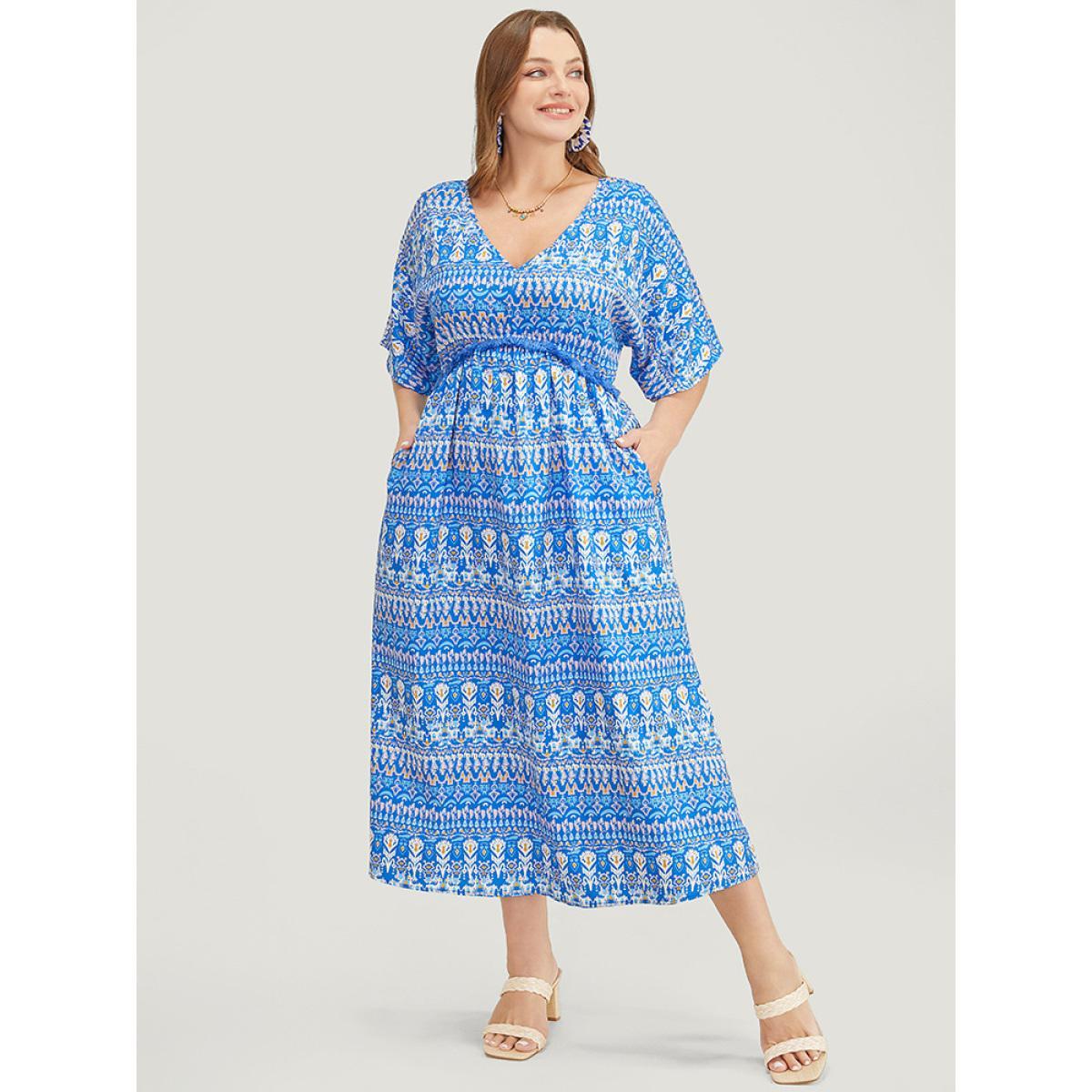 Plus Size Bandana Print Dolman Sleeve Knot Fringe Trim Split Dress Blue Women Vacation Tassels V-neck Short sleeve Curvy Midi Dress BloomChic 14-16/1X Product Image