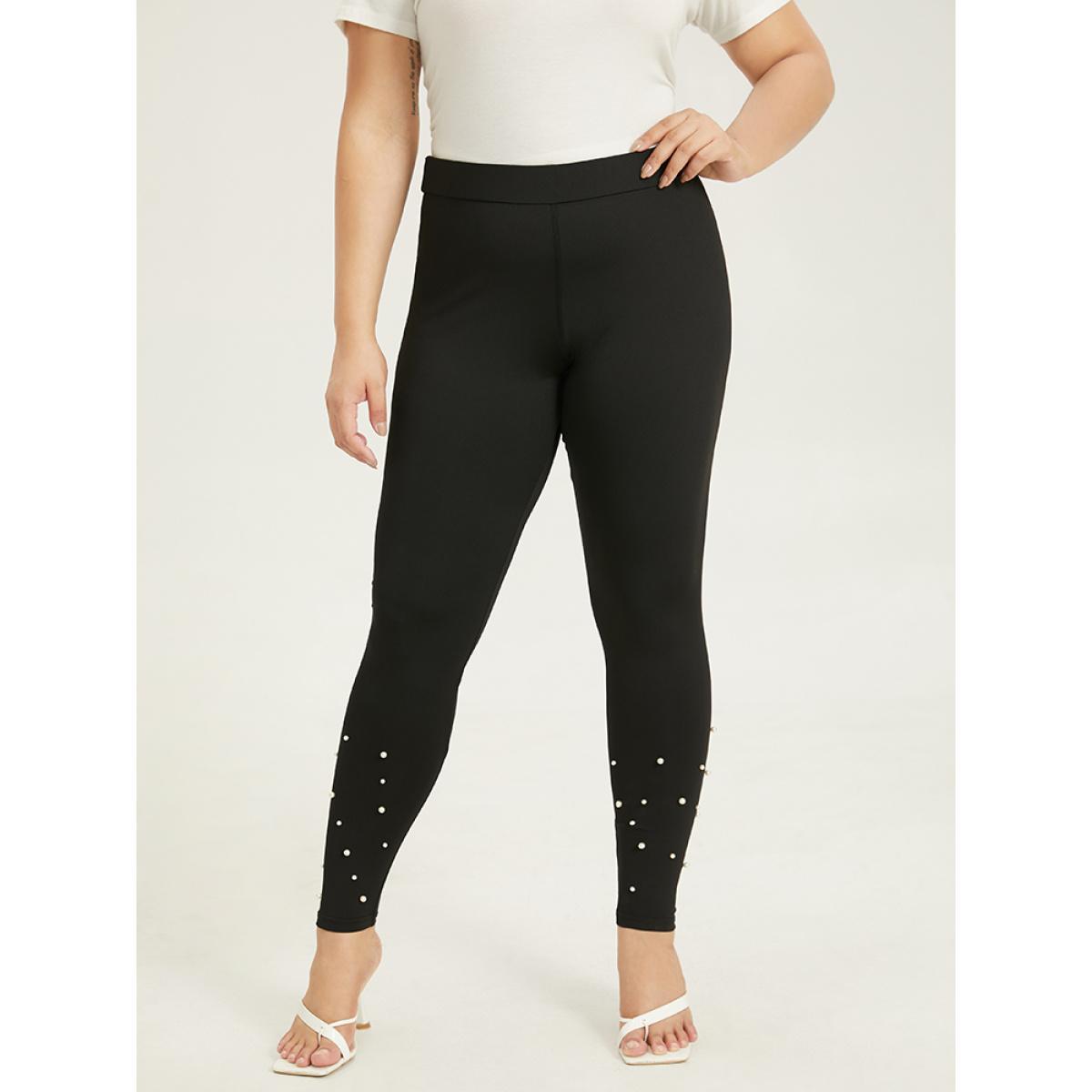 Plus Size Skinny Elastic Waist Pearl Beaded Leggings Women Black Elegant High stretch Skinny High Rise Dailywear Leggings BloomChic 10/M Product Image
