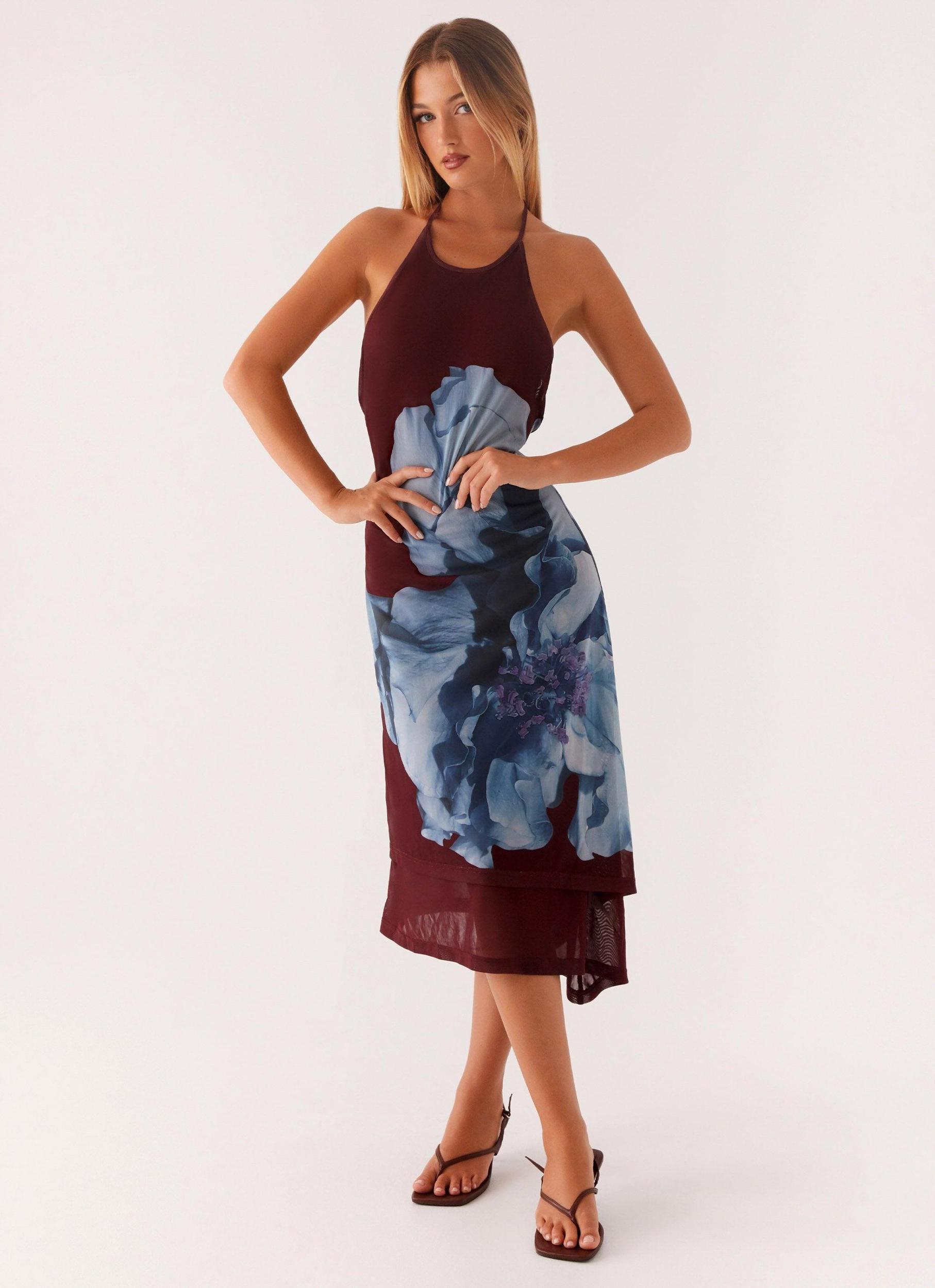 Brinley Halterneck Midi Dress - Maroon Print Product Image