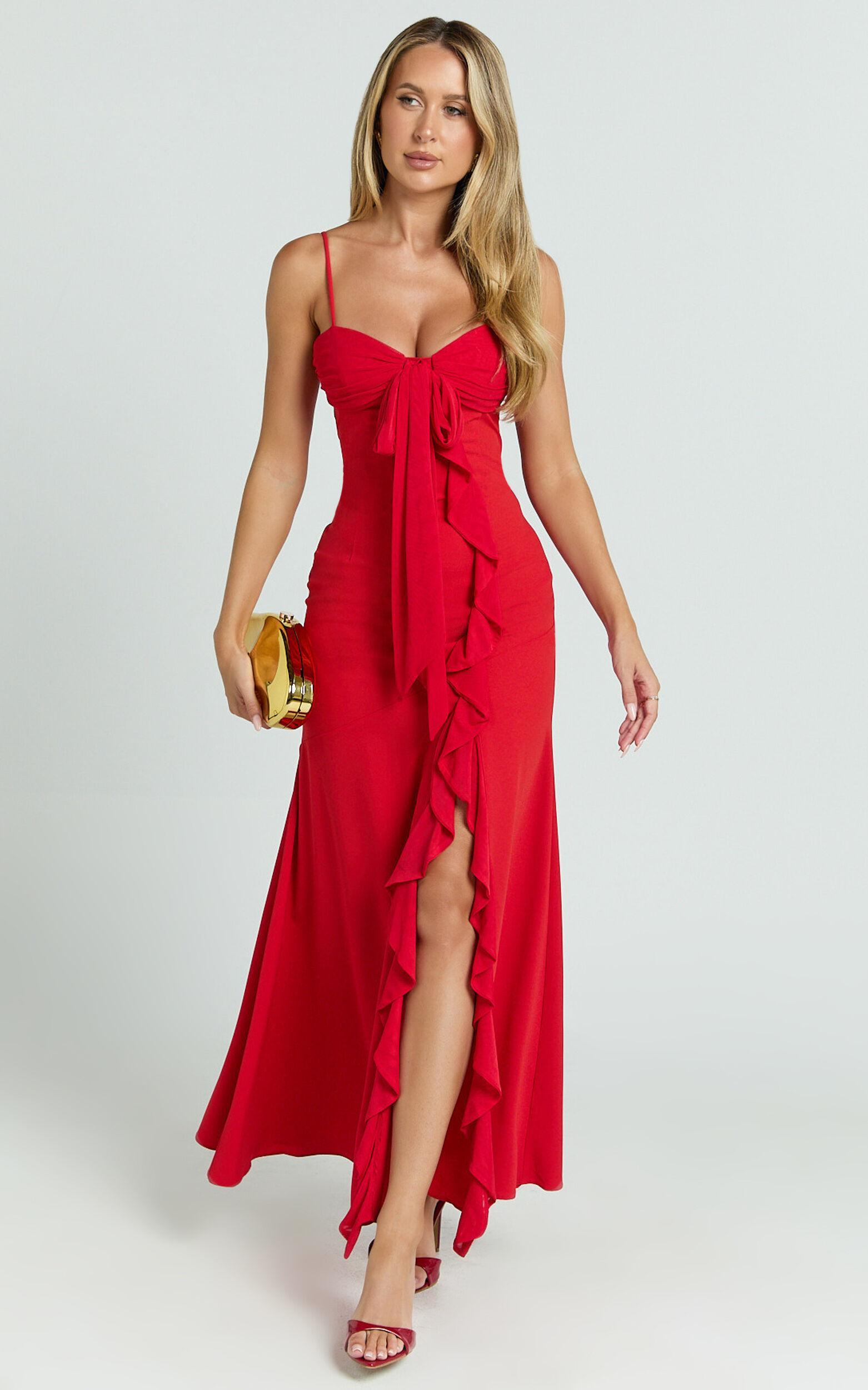 Lacie Maxi Dress - V Neck Bias Cut Ruffle Tie Front Dress in Red Product Image