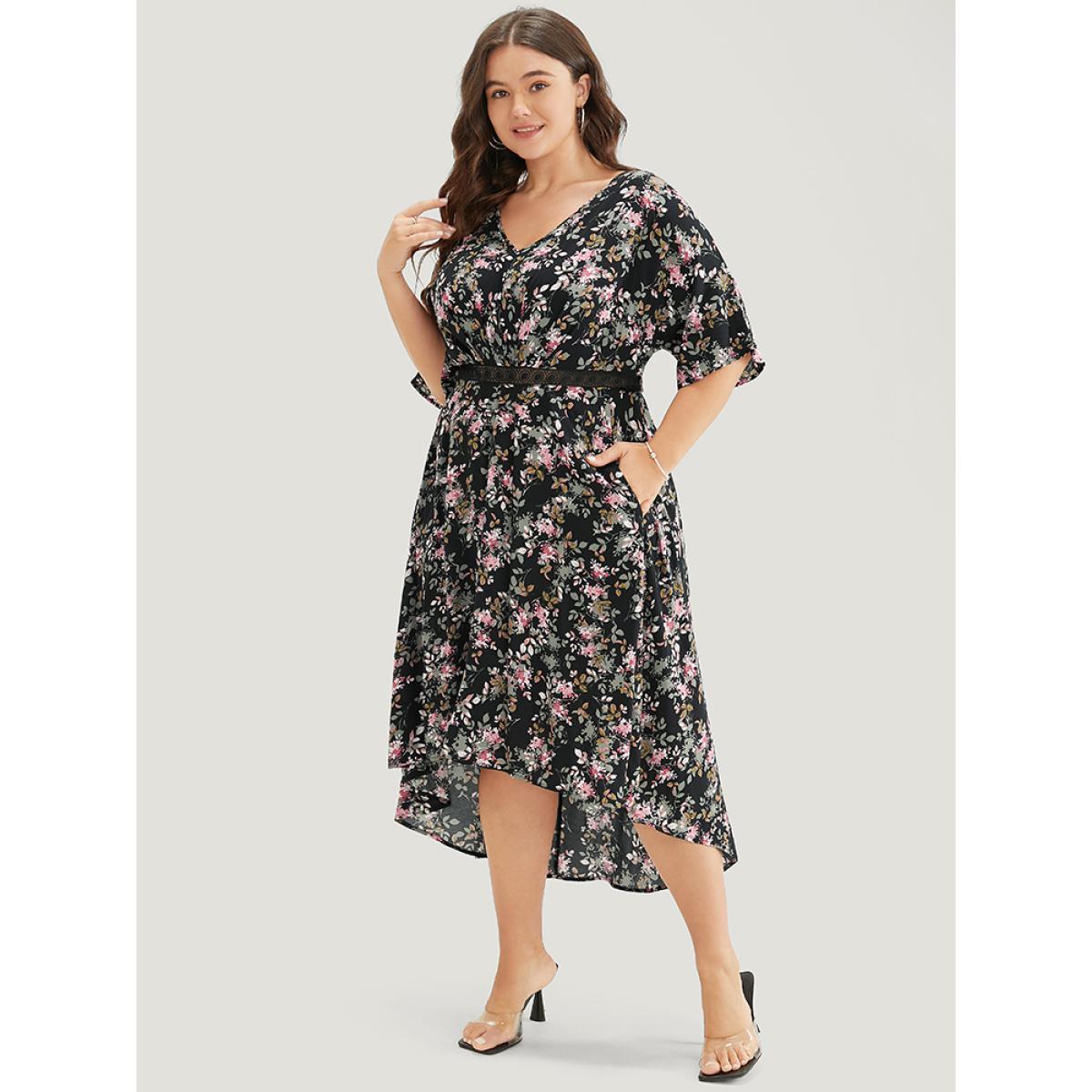 Plus Size Floral Lace Insert Dolman Sleeve Pocket Ruffle High Low Dress Black Women Elegant Lace V-neck Short sleeve Curvy Midi Dress BloomChic 12/L Product Image
