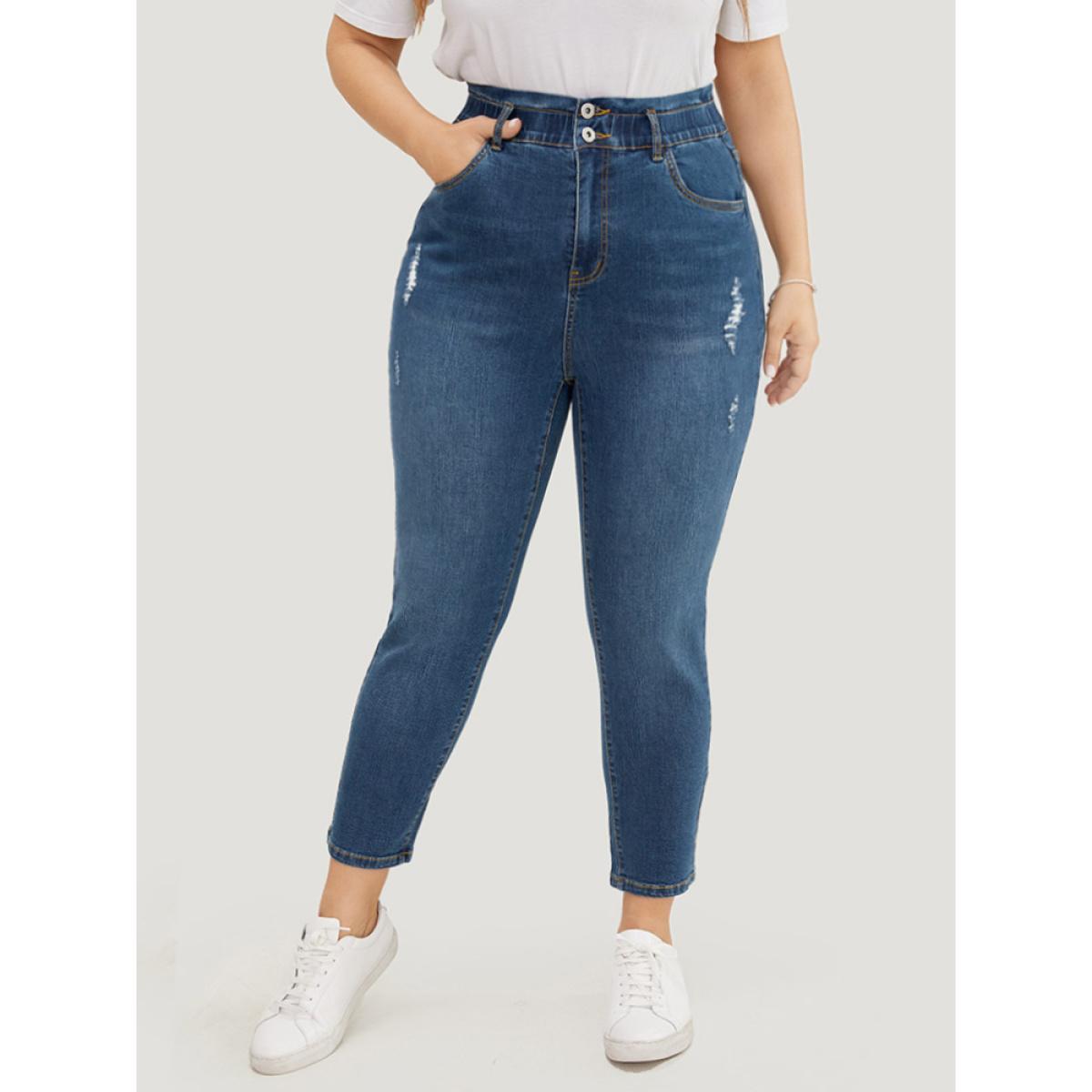 Plus Size Very Stretchy High Rise Medium Wash Ripped Jeans Women Indigo Casual Plain High stretch Pocket Jeans BloomChic 26/4X Product Image