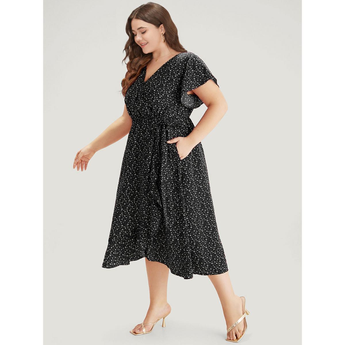 Plus Size Ditsy Floral Overlap Collar Bowknot Flutter Hem Dress Black Women Office Wrap V-neck Short sleeve Curvy Midi Dress BloomChic 10/M Product Image