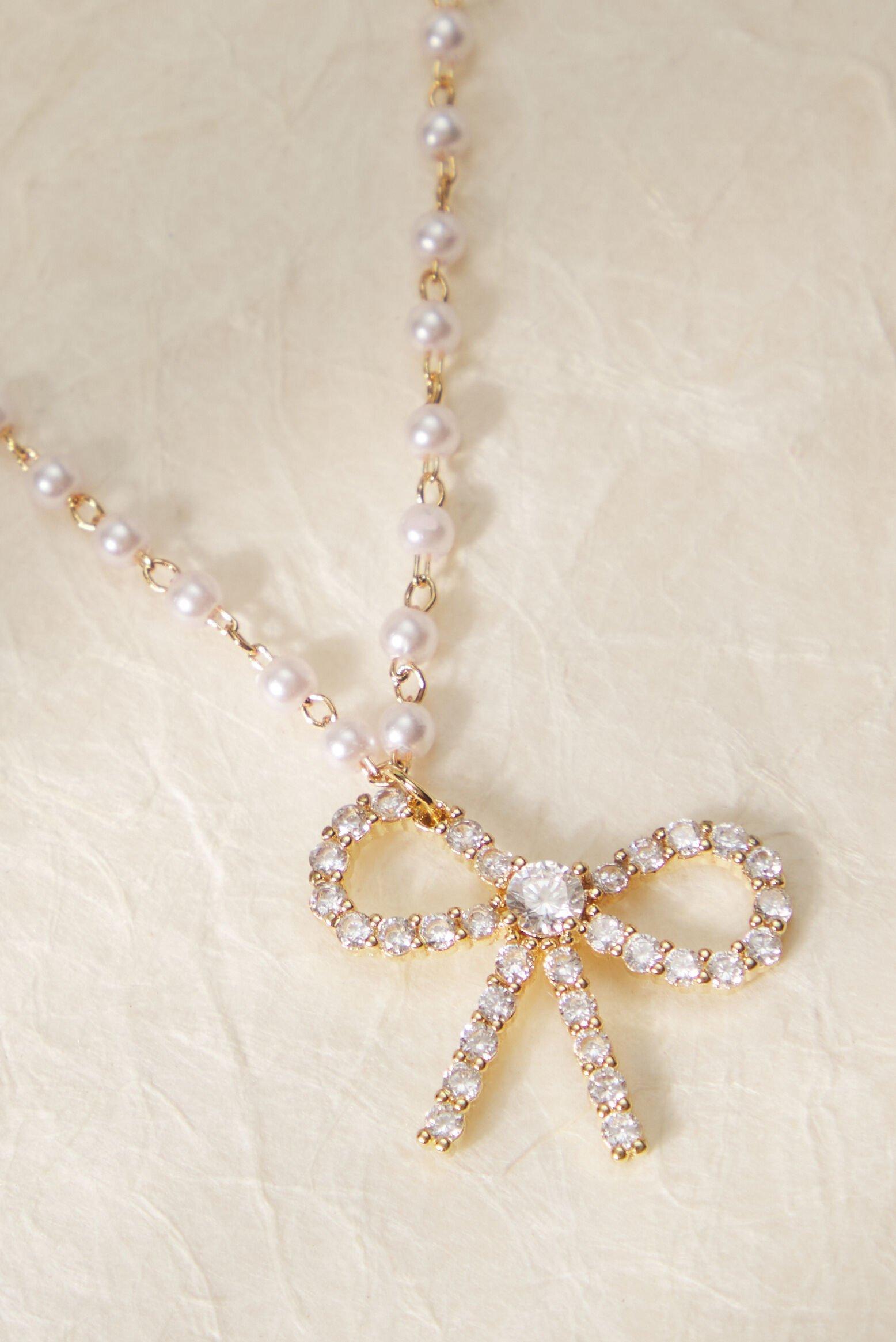 Cubic Zirconia Bow Pearl Necklace Product Image
