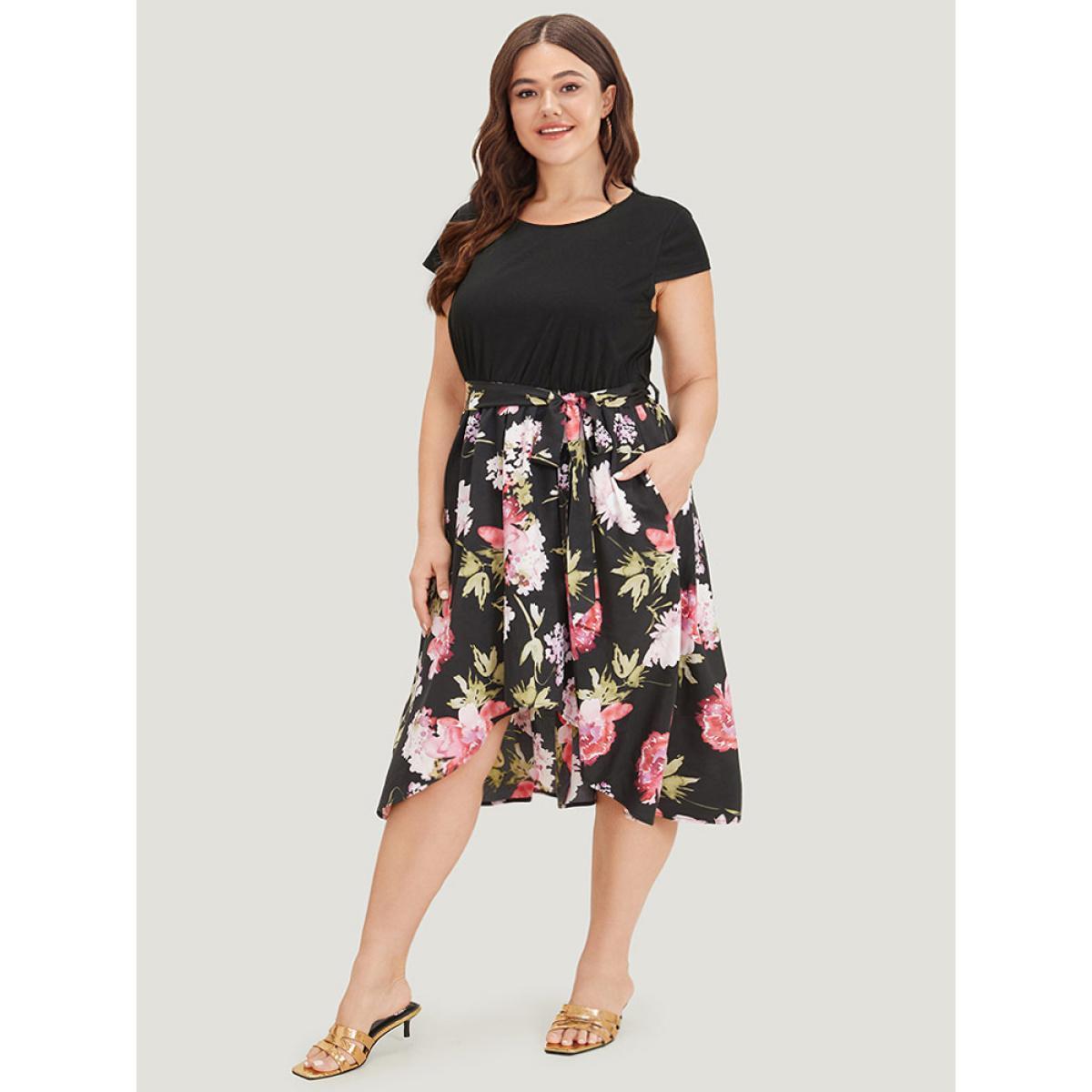 Plus Size Floral Print Patchwork Pocket Belted Asymmetrical Hem Dress Black Women Glamour Plain Round Neck Short sleeve Curvy Midi Dress BloomChic 30/6X Product Image