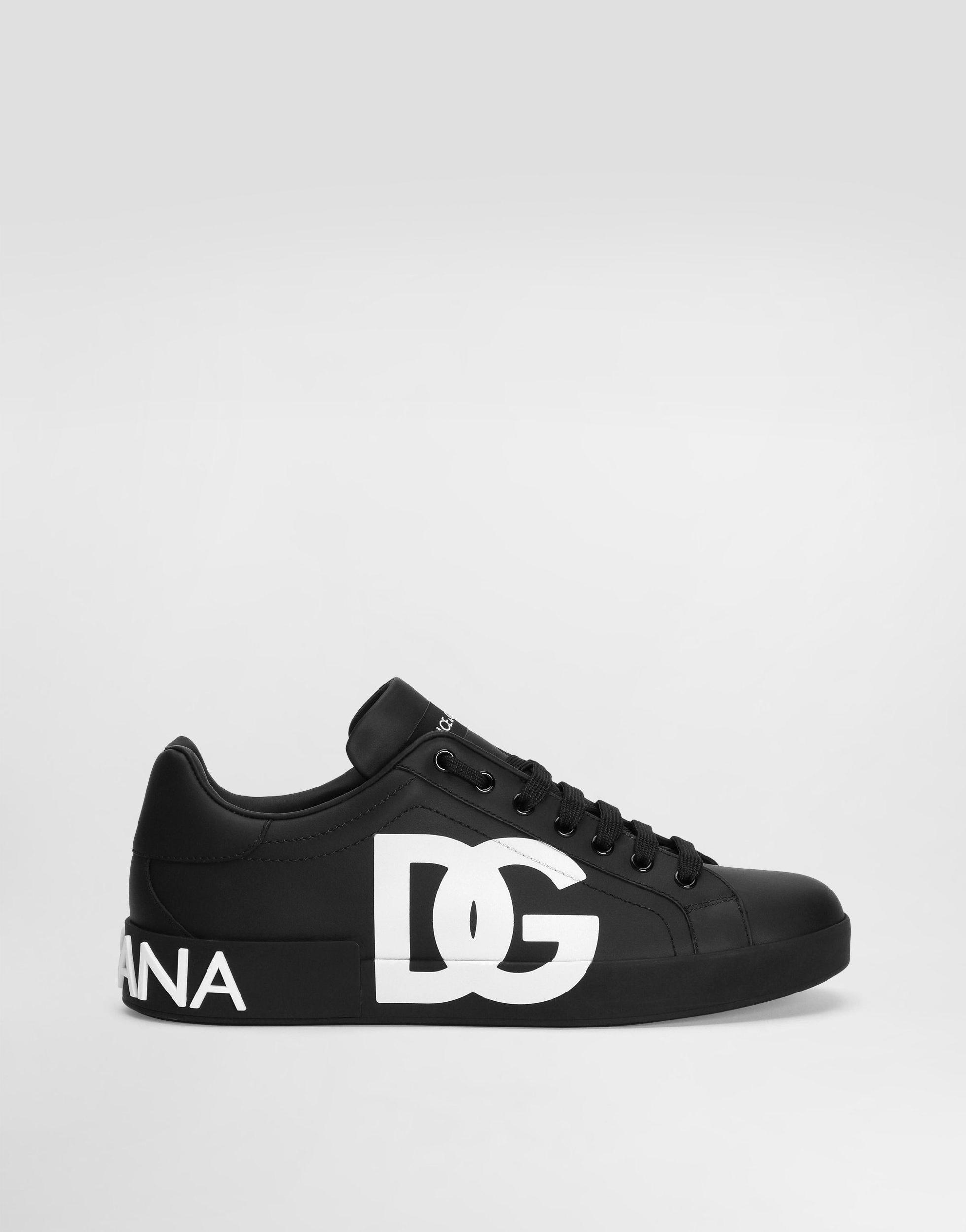 DOLCE & GABBANA Calfskin Nappa Portofino Sneakers With Dg Logo Print In Nero Product Image