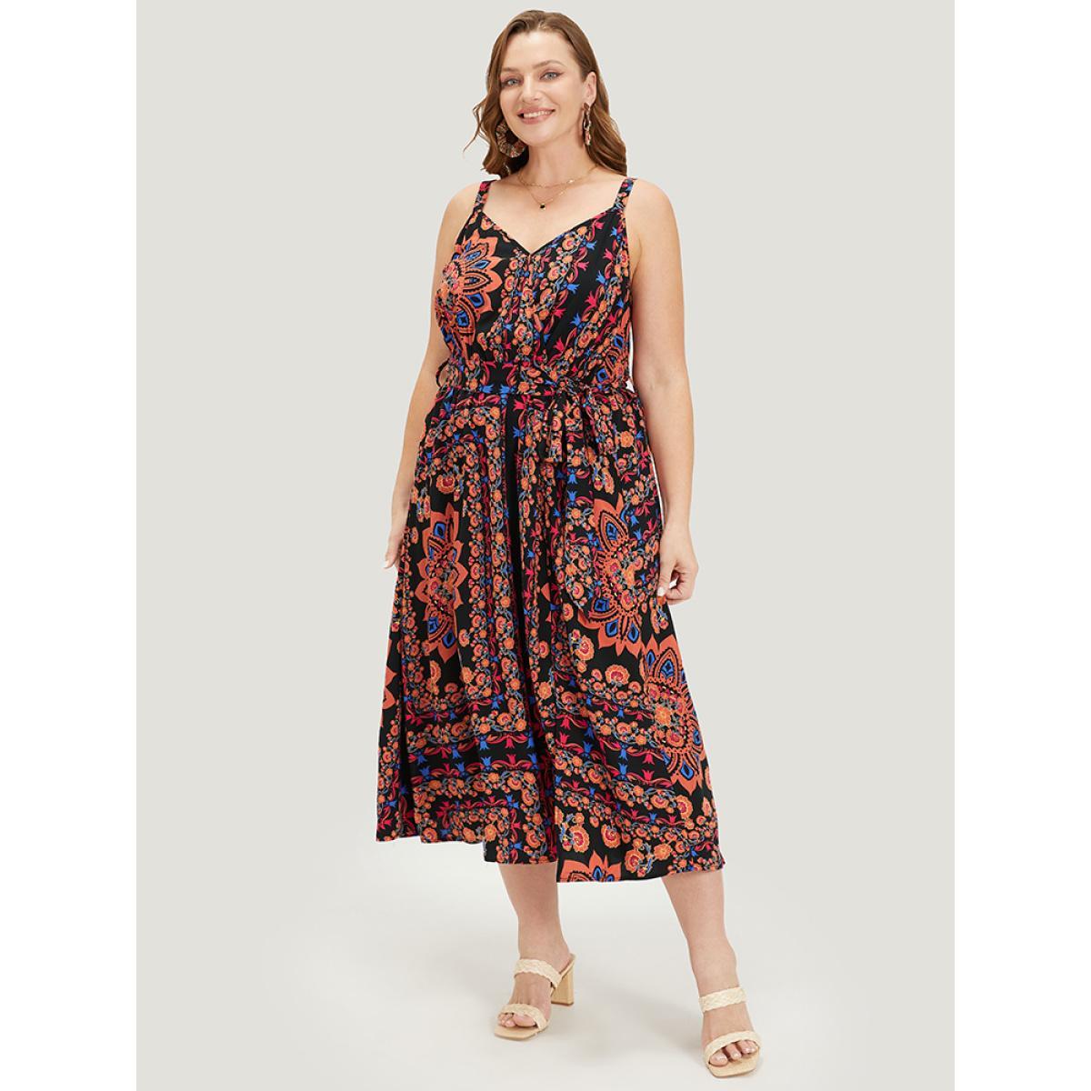 Plus Size Boho Print Belted Split Hem Pocket Cami Dress Black Women Vacation Gathered V-neck Sleeveless Curvy Midi Dress BloomChic 14-16/1X Product Image