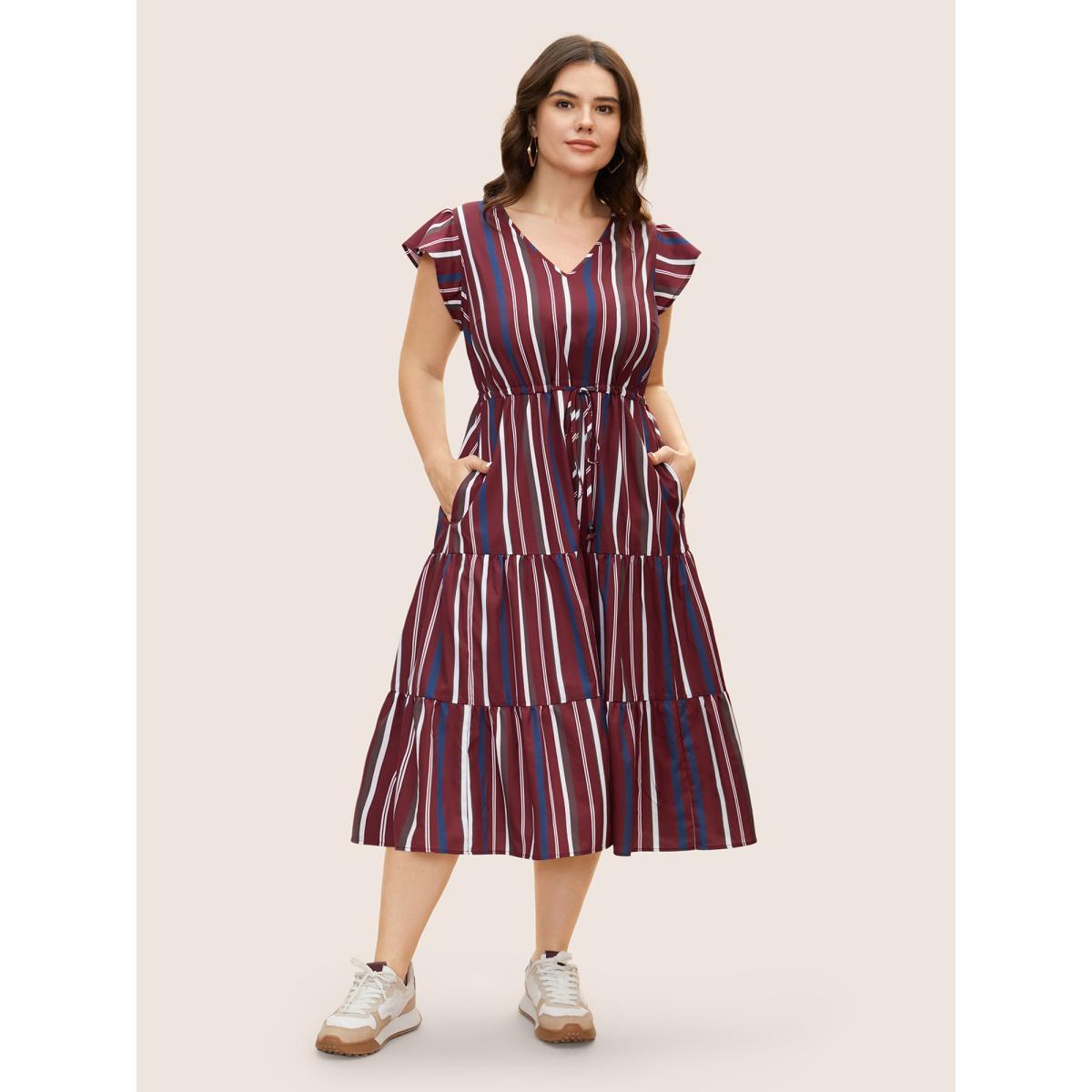 Plus Size Striped Drawstring Ruffle Cap Sleeve Midi Dress Burgundy Women Casual Drawstring V-neck Cap Sleeve Curvy BloomChic 30/6X Product Image