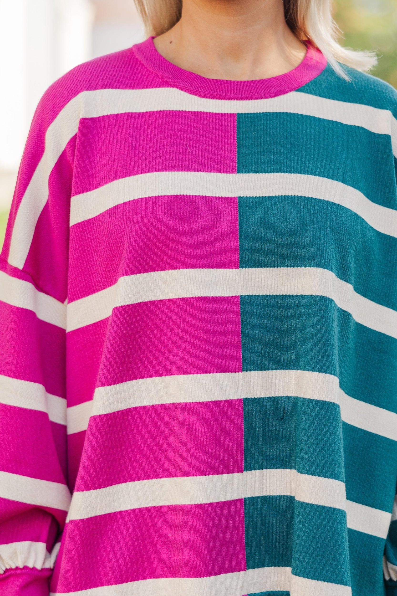 Live It Up Fuchsia/Teal Striped Sweater Female Product Image
