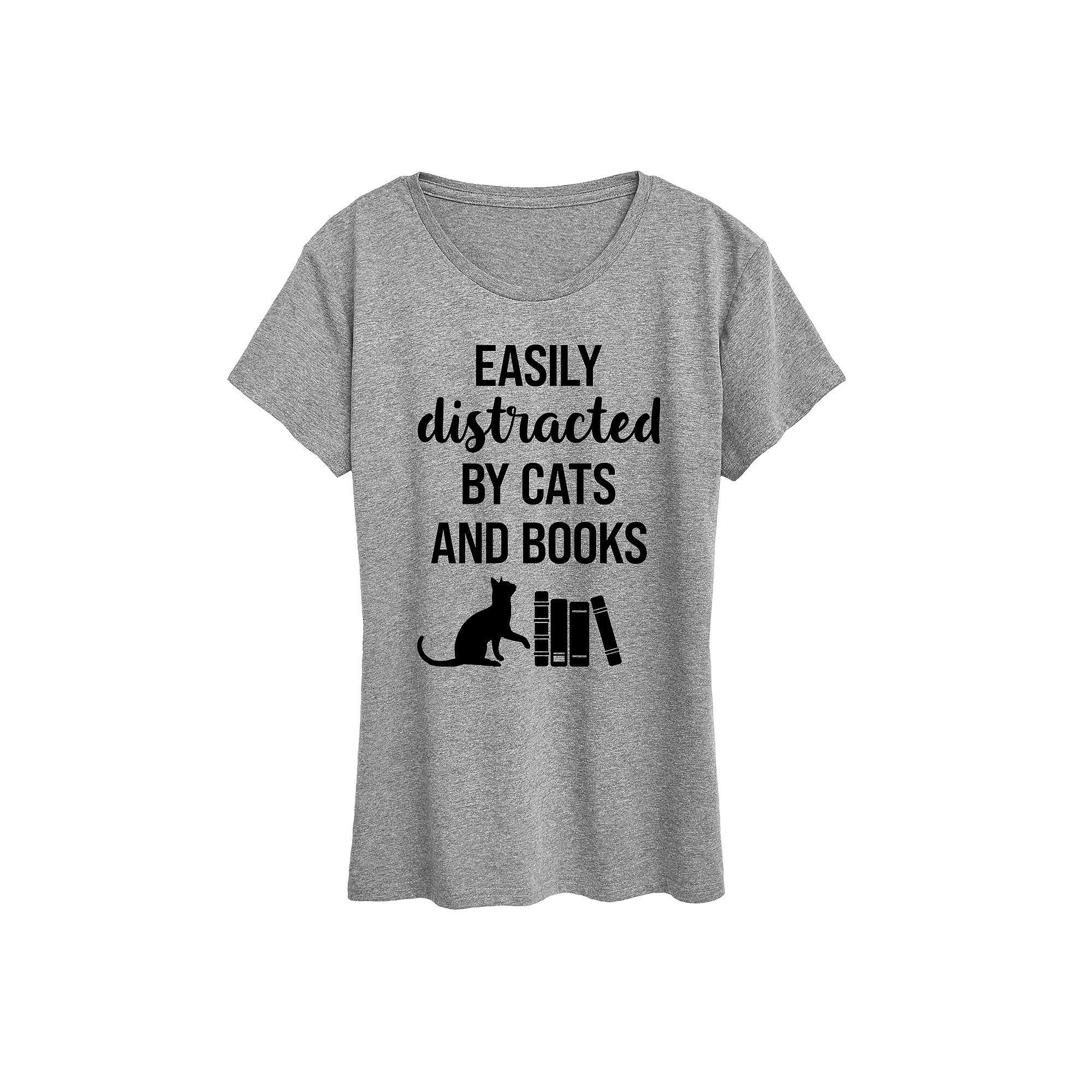 Women's Easily Distracted Cats Books Graphic Tee, Girl's, Size: Medium, Grey Gray Product Image