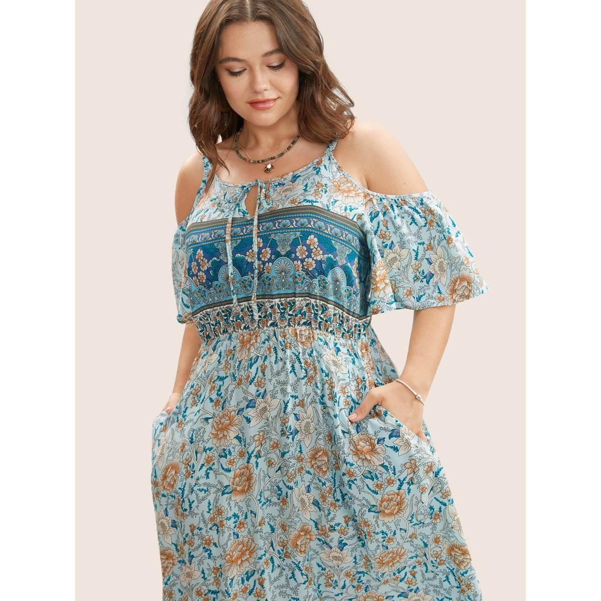 Plus Size Floral Print Pocket Keyhole Ruffles Cold Shoulder Maxi Dress Emerald Women Resort Non Non Half Sleeve Curvy Long Dress BloomChic 26/4X Product Image