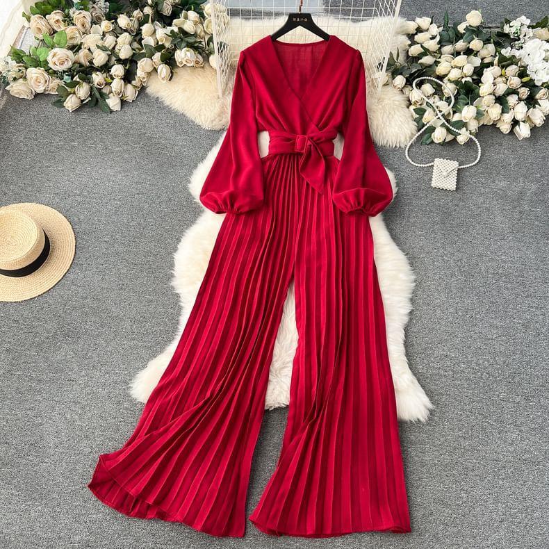 Puff-Sleeve V-Neck Plain Tie Waist Pleated Hem Wide Leg Jumpsuit Product Image