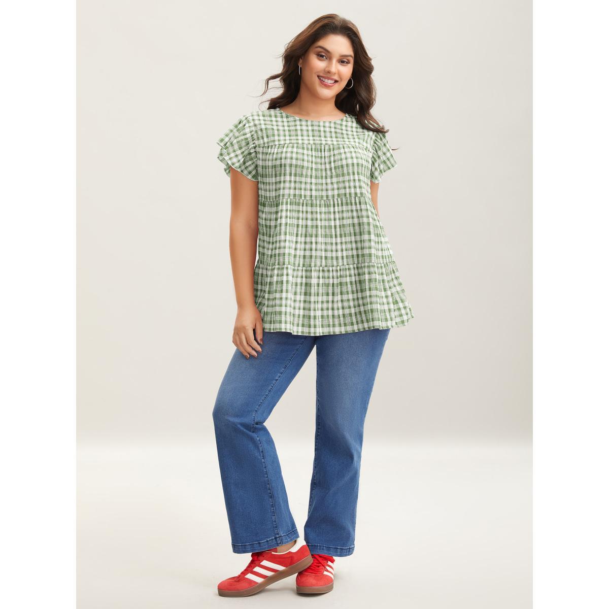 Plus Size Greenbean Plaid Print Textured Lotus Leaf Sleeve Shirt Women Casual Cap Sleeve Round Neck Everyday Blouses BloomChic 12/L Product Image