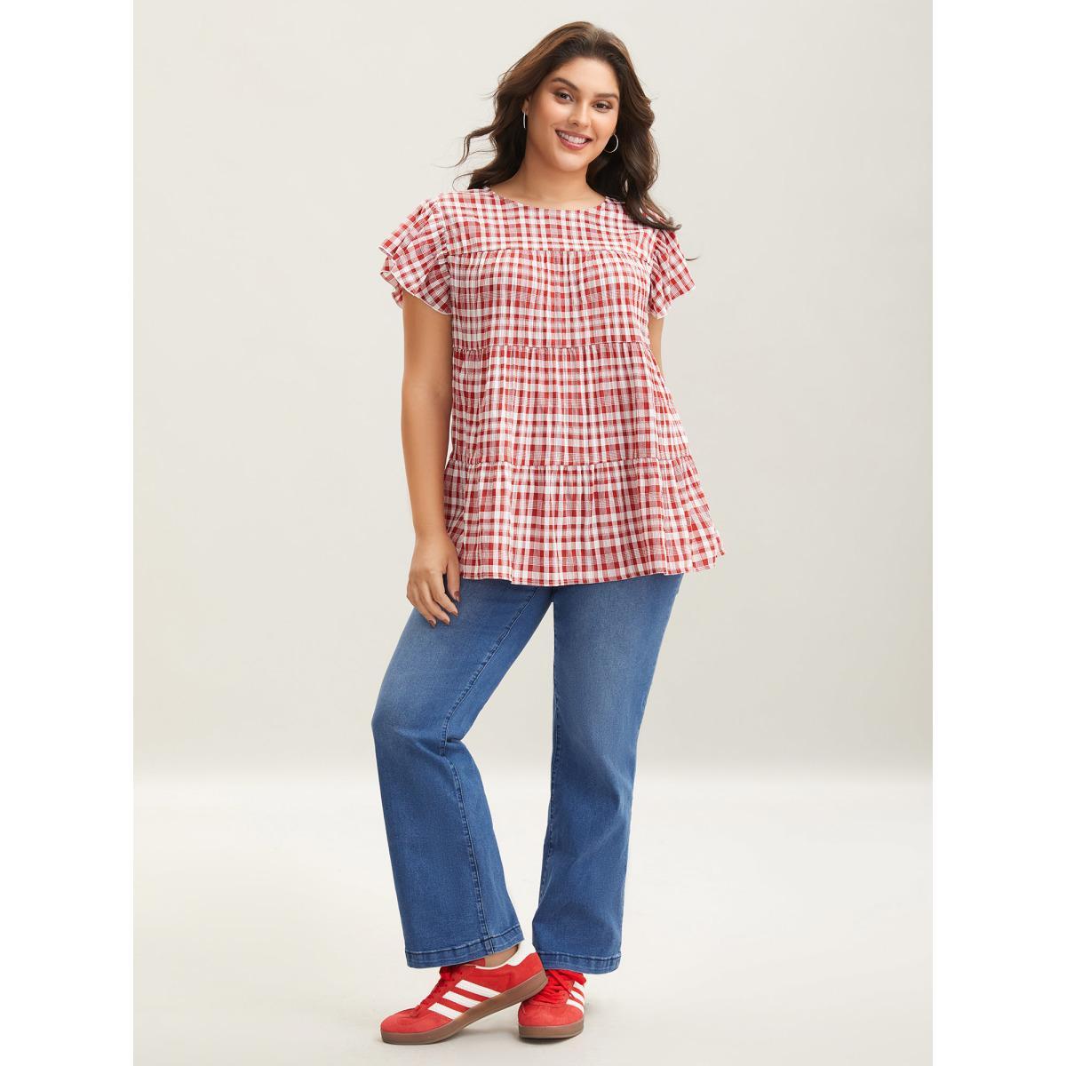 Plus Size Crimson Plaid Print Textured Lotus Leaf Sleeve Shirt Women Casual Cap Sleeve Round Neck Everyday Blouses BloomChic 10/M Product Image