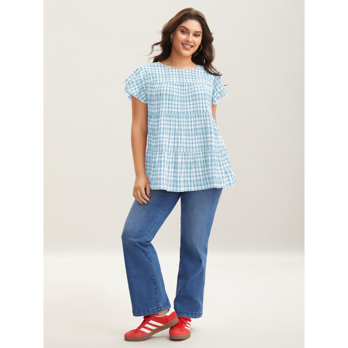 Plus Size LightBlue Plaid Print Textured Lotus Leaf Sleeve Shirt Women Casual Cap Sleeve Round Neck Everyday Blouses BloomChic 22-24/3X Product Image