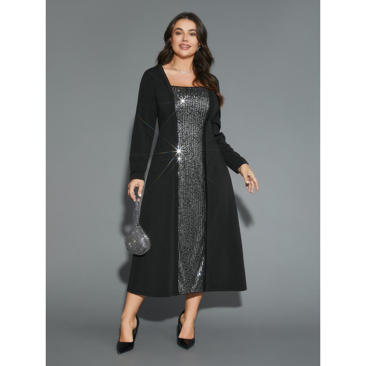 Plus Size Sequin Patchwork Elastic Waist Midi Dress Black Women Cocktail Texture Party Curvy Bloomchic 30/6X Product Image