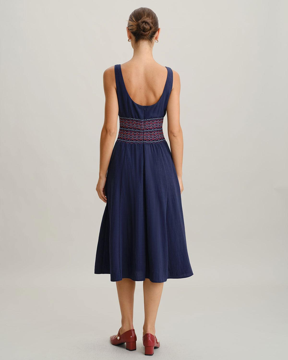 Blue Square Neck Shirred Slip Midi Dress Product Image