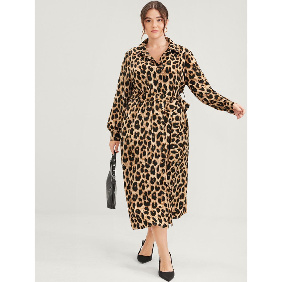 Plus Size Leopard Pocket Button Belted Shirt Collar Midi Dress Leopard Women Office Belted Shirt collar Long Sleeve Curvy Midi Dress BloomChic 28/5X Product Image