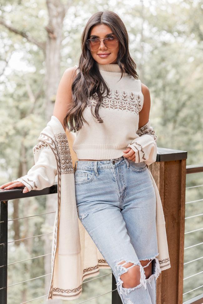 Quick Decisions Cream And Brown Printed Sweater Tank And Cardigan Set FINAL SALE Product Image