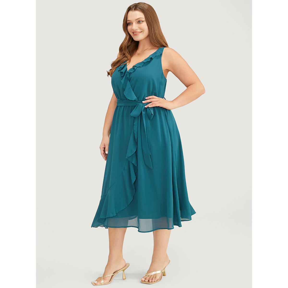 Plus Size Plain Belted Pocket Ruffle Trim Surplice Neck Cami Dress Cyan Women Elegant Adjustable Straps V-neck Sleeveless Curvy Midi Dress BloomChic 28/5X Product Image