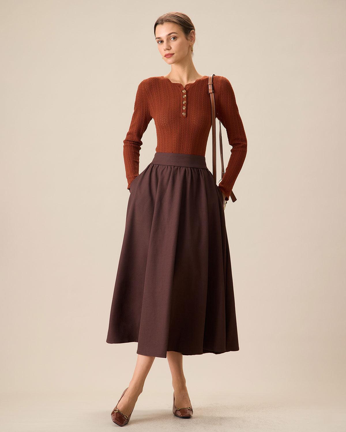 Women's Coffee High-waisted Pleated Midi Skirt Female Product Image