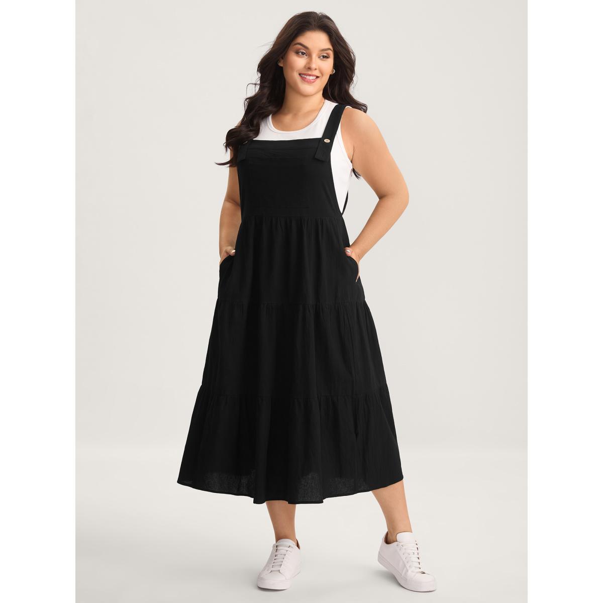 Plus Size Pure Cotton Diagonal Pockets Midi Dress Black Women Square Neck Sleeveless Curvy BloomChic 26/4X Product Image